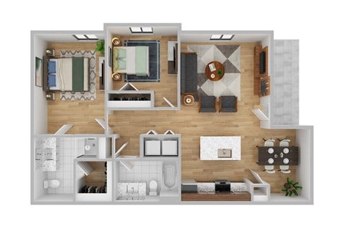 Floor plan for 2 beds, 2 baths, 931 sqft